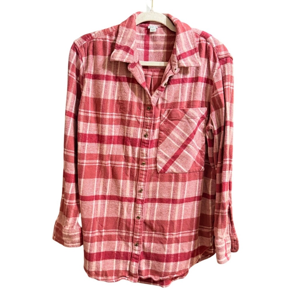Aerie Pink White Plaid Flannel Button Down Shirt Cotton Sz S Softcore Layering